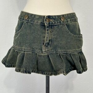 Y2K Indie Sleaze Bratz Denim Micro Mini Skirt Sz M Pleated Ruffle Dirty Wash